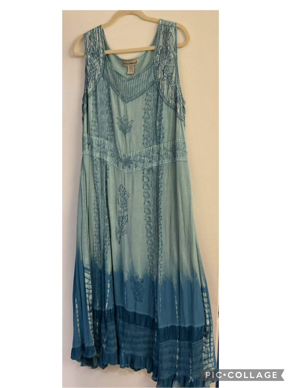Boho Embroidered Sleeveless Dip-Dye Maxi Dress - Blue